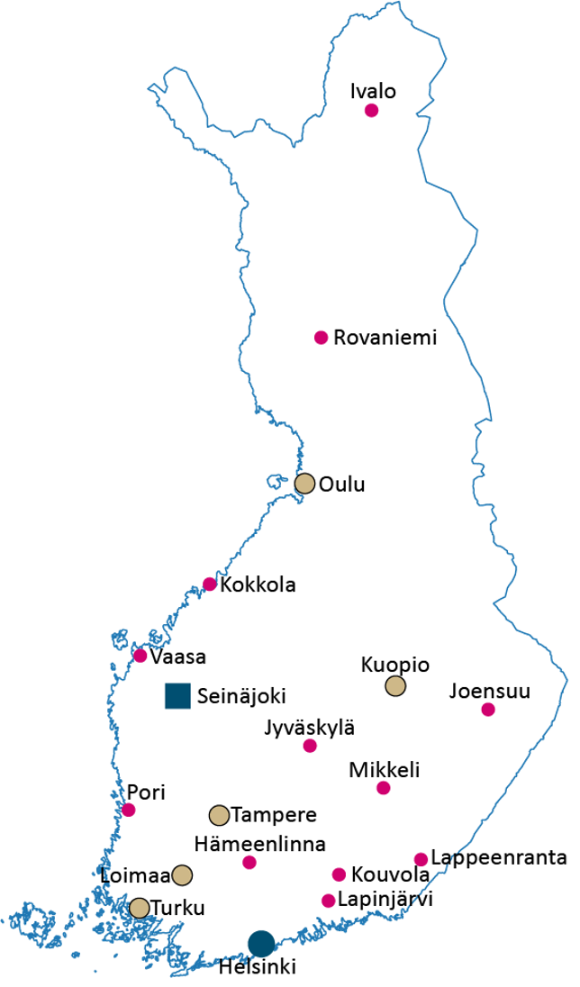 Kartta Ruokaviraston toimipaikoista.