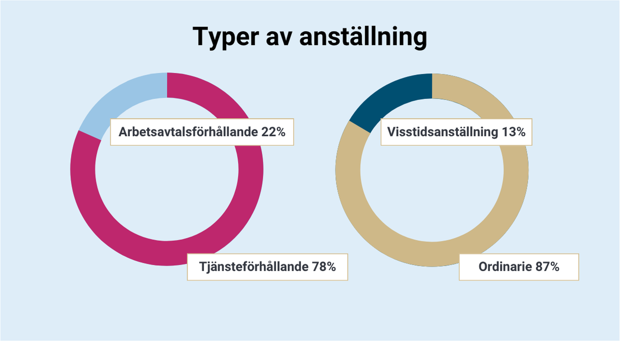 Typer  av anställining: Tänsteförhållande 78%, arbetsavtalstörhållande 22%, Visstidsanställining 13, ordinarie 87%.