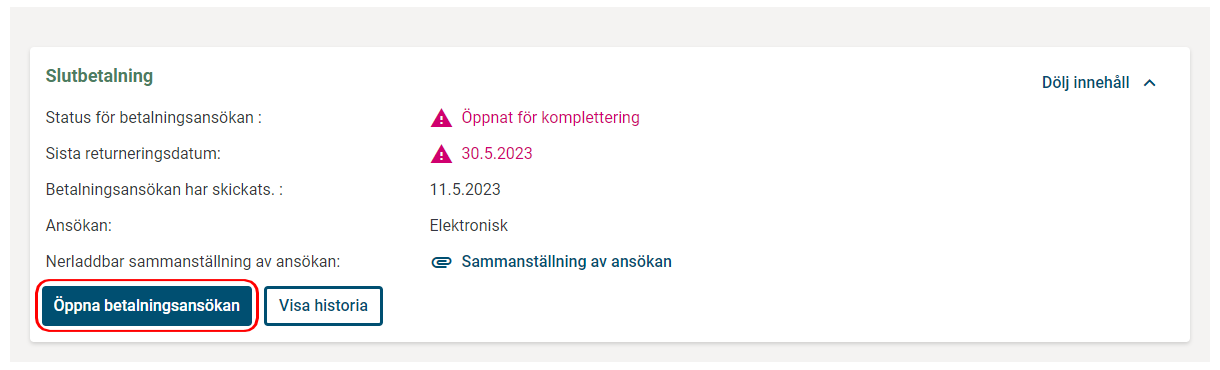 Öppna betalningsanssökan