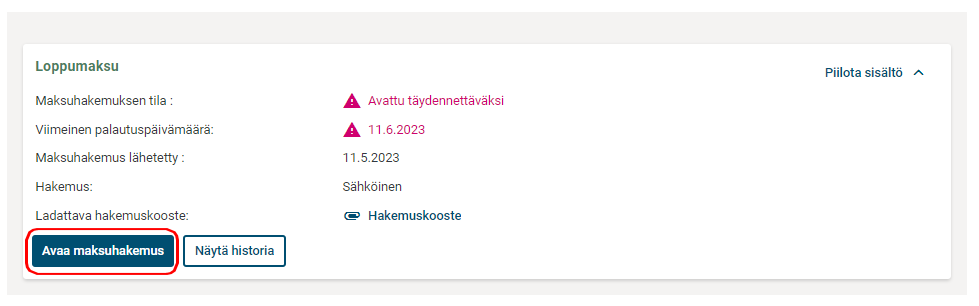 hakemuksen avaaminen