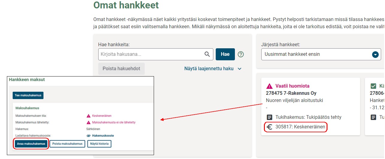 keskeneräisen maksuhakemuksen jatkaminen