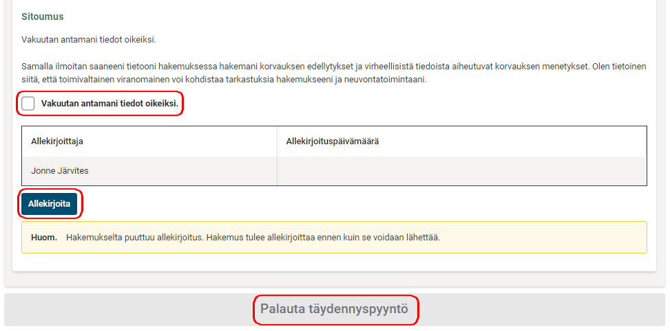 Palauta täydennyspyyntö