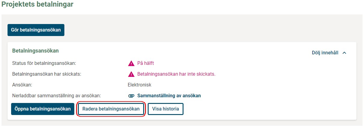 radera bbetalningsansökan