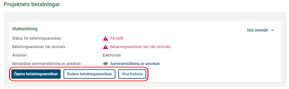 Öppna betalningsansökan