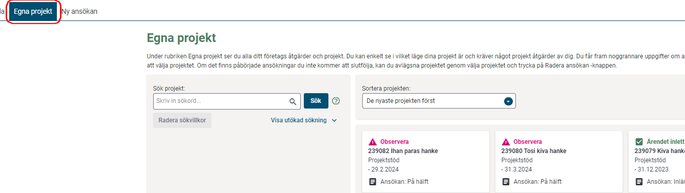 Öppna menyn Egna projekt