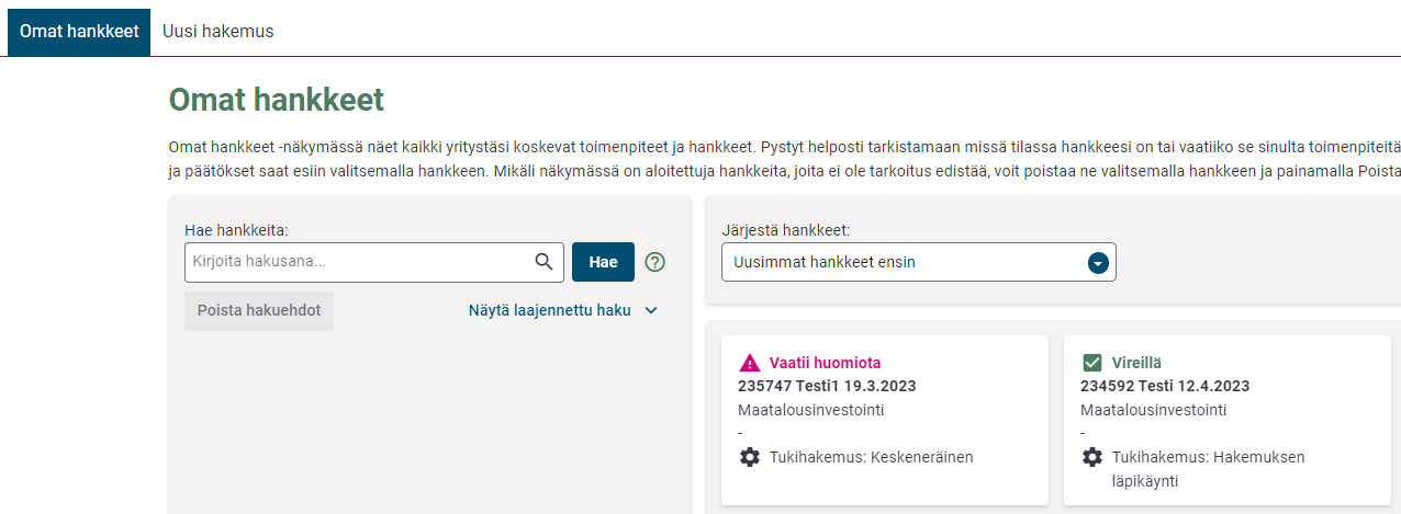 Omat hankkeet -osio Hyrrä-asiointipalvelussa