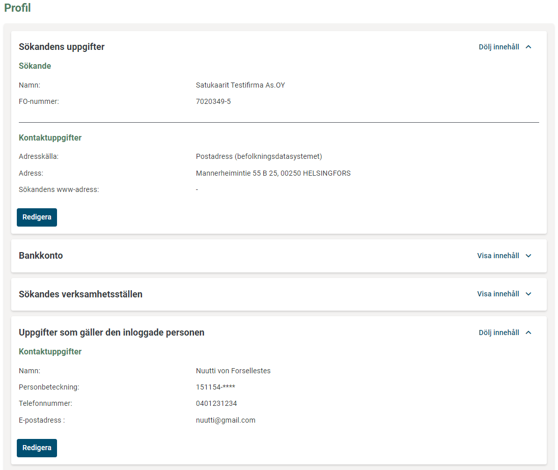 Under Profil kan du lägga till och ändra bland annat dina egna och din organisations uppgifter.
