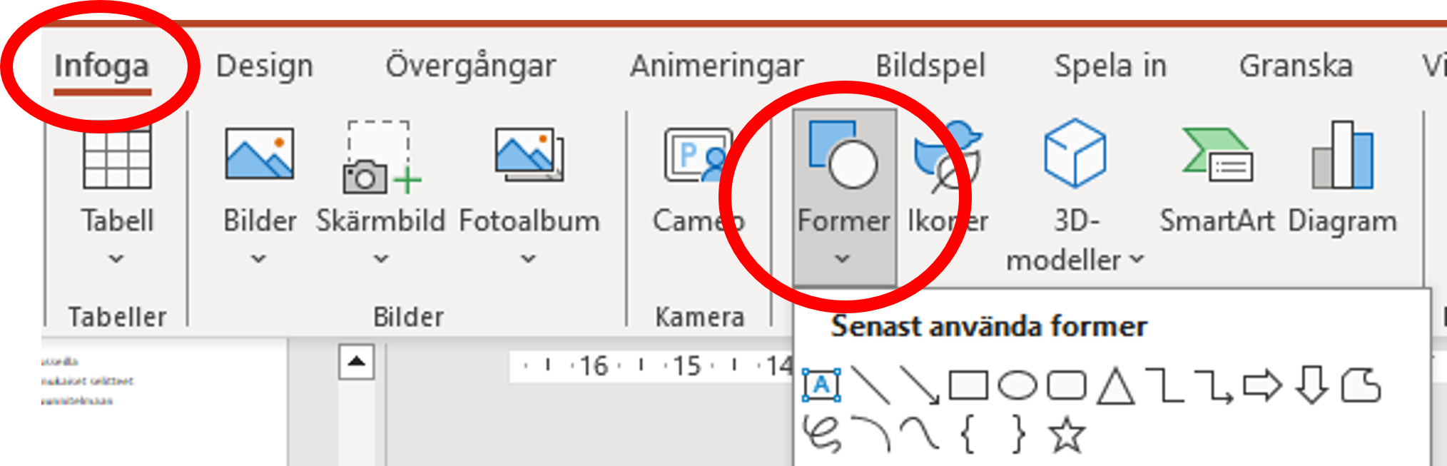 Skärmbild, Former-meny i PowerPoint.