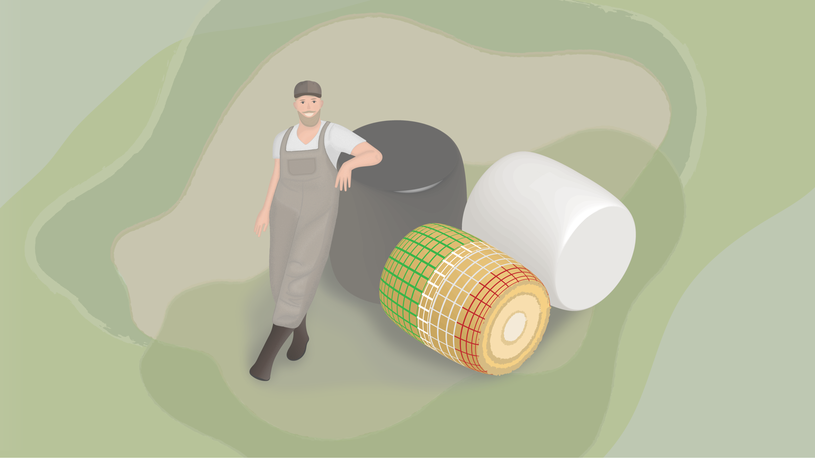 Maanviljelijä nojaa maatilalla muovilla peitettyyn paaliin, jonka vieressä on kaksi muuta paalia. 
