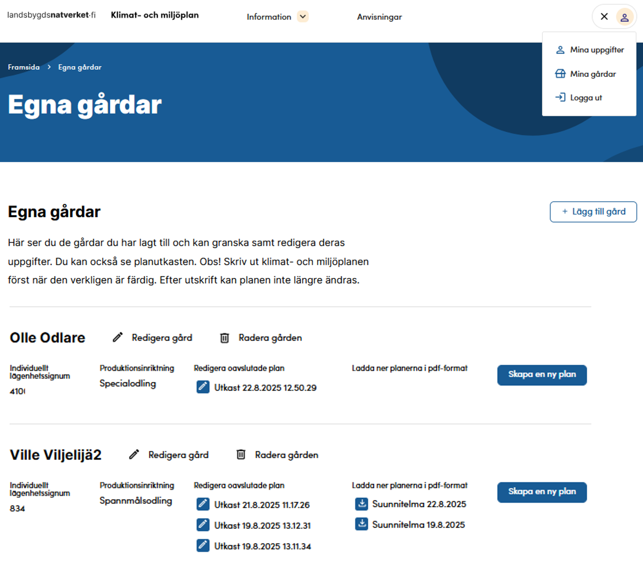 Skärmbild från delen Egna gårdar