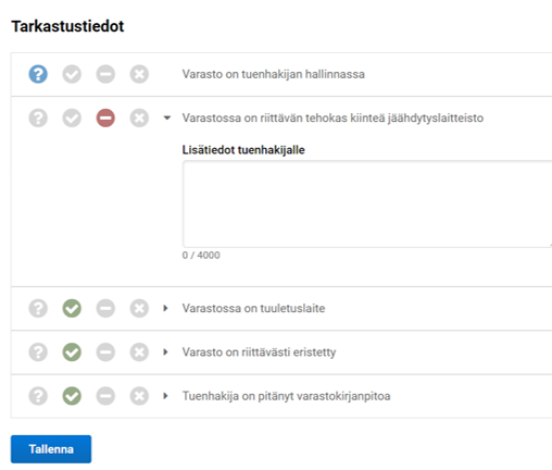 Kuvankaappaus Tukisovelluksesta kohdasta Tarkastustiedot.