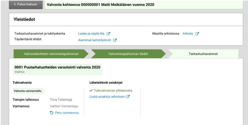 Kuvankaappaus Tukisovelluksesta Tarkastushavainnot-välilehdeltä.