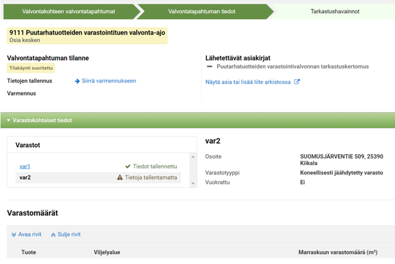 Kuvakaappaus Tukisovelluksesta kohdasta Varastokohtaiset tiedot.