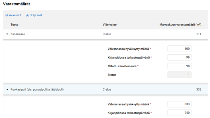 Kuvakaappaus Tukisovelluksesta kohdasta Varastomäärät.