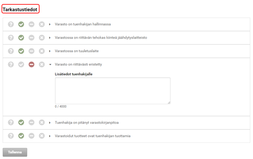 Kuvankaappaus Tukisovelluksesta kohdasta Tarkastustiedot.