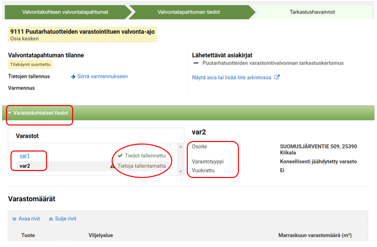 Kuvakaappaus Tukisovelluksesta kohdasta Varastokohtaiset tiedot.