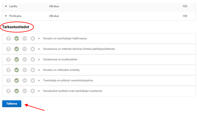 Kuvakaappaus Tukisovelluksesta kohdasta Tarkastustiedot.