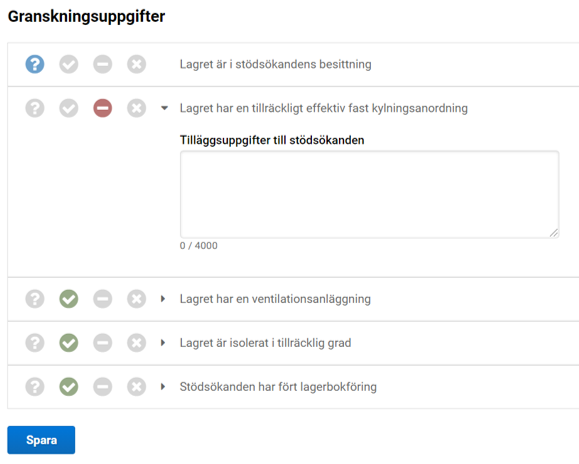 Skärmdump av Stödtillämpningens punkt Granskningsuppgifter