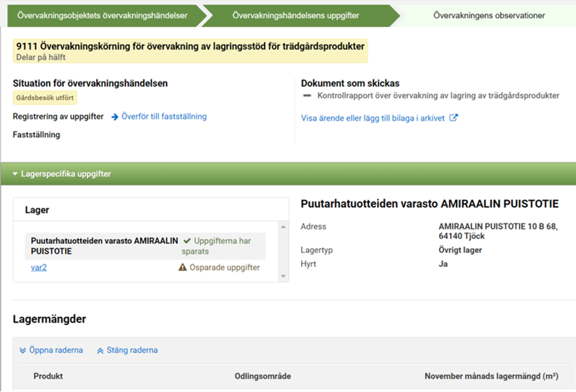 Skärmdump av Stödtillämpningens punkt Lagerspecifika uppgifter