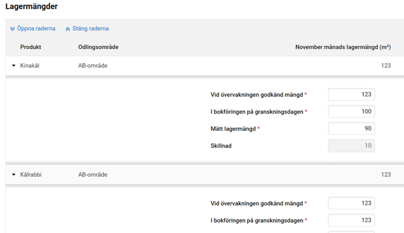 Skärmdump av Stödtillämpningens punkt Lagermängder