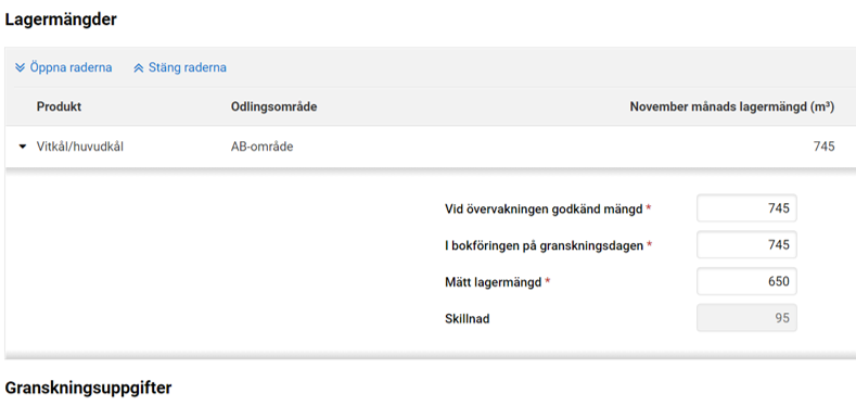 Skärmdump av Stödtillämpningens punkt Lagermängder.