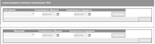 Luomun tuotantotauot taulukko, kuvakaappaus vipusta