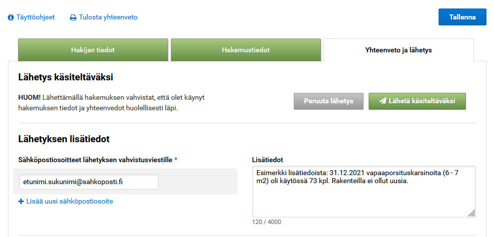 Kuva 14. Yhteenveto ja lähetys – sivun tiedot