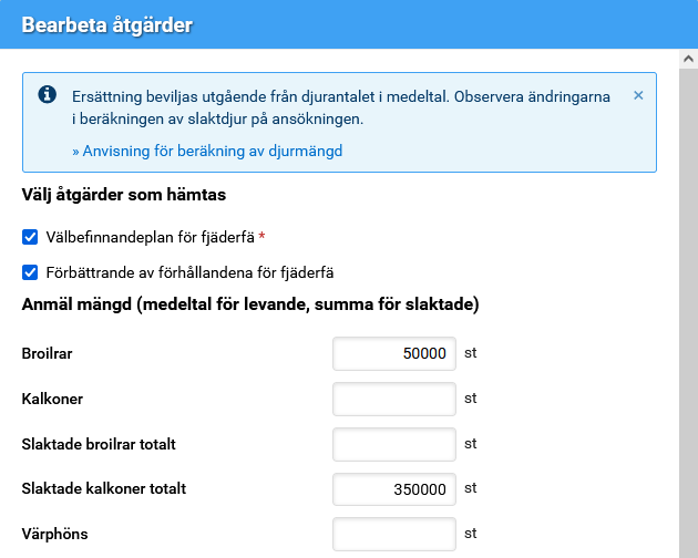 skärmdump från viputjänsten, bearbetning av åtgärder för fjäderfä och djurantal