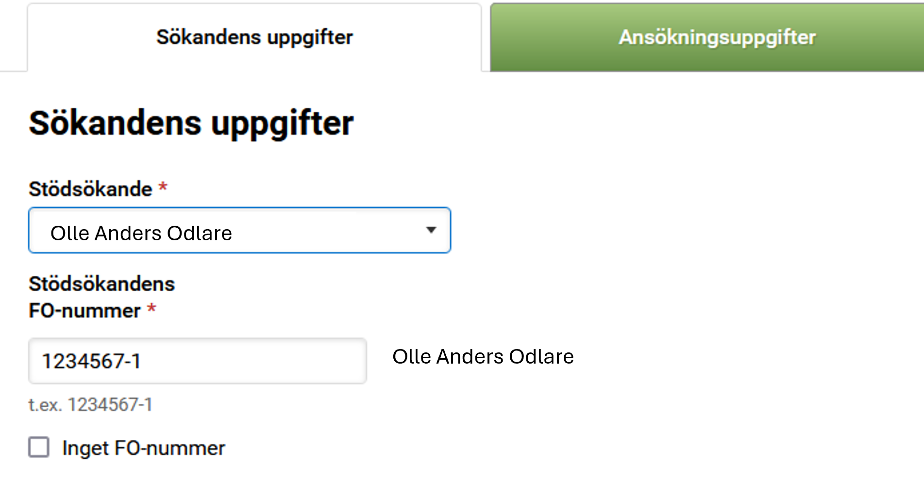 Skärmdump av Viputjänsten, FO-nummer