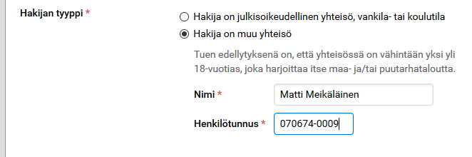 Kuvakaappaus Vipu-palvelusta, Hakija on muu yhteisö