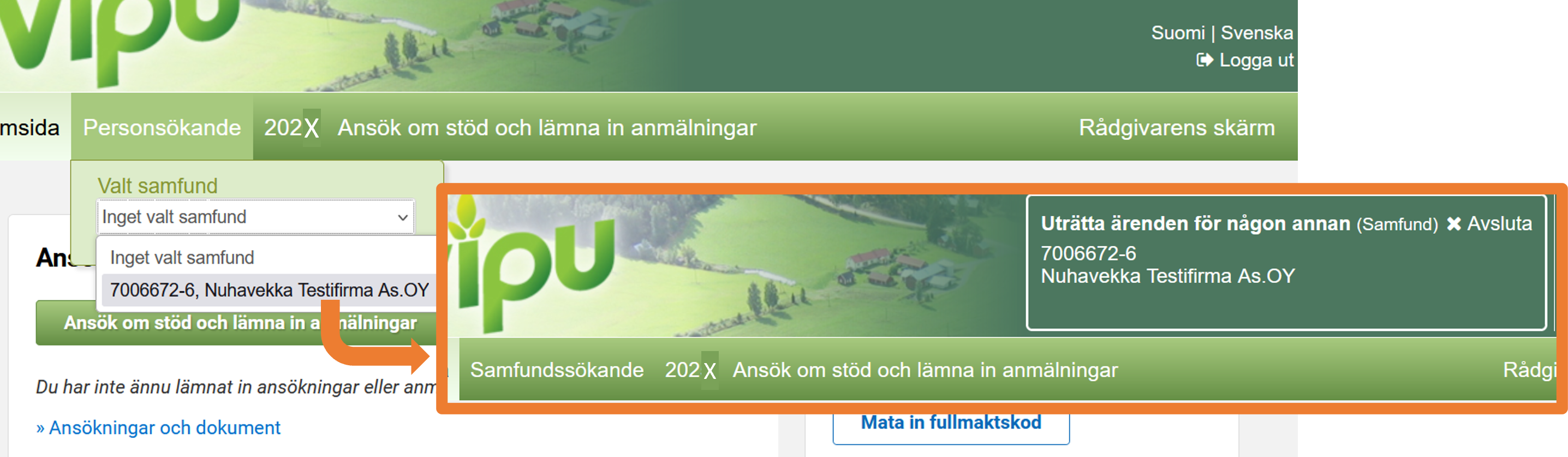 Skärmdump från Viputjänsten Fullmakt att agera för ett samfund.