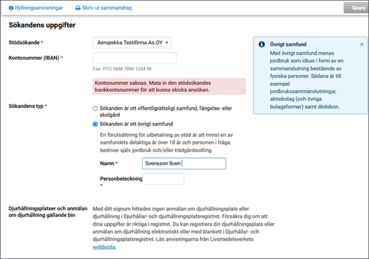 Skärmdump från Viputjänsten Fliken för sökandens uppgifter, vyn för samfundssökande.