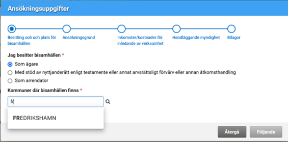 Skärmdump från Viputjänsten Delen för besittning och plats för bisamhällen.