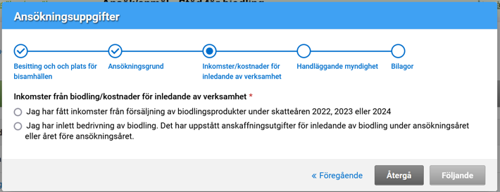 Skärmdump från Viputjänsten Inkomster/kostnader för inledande av verksamhet.