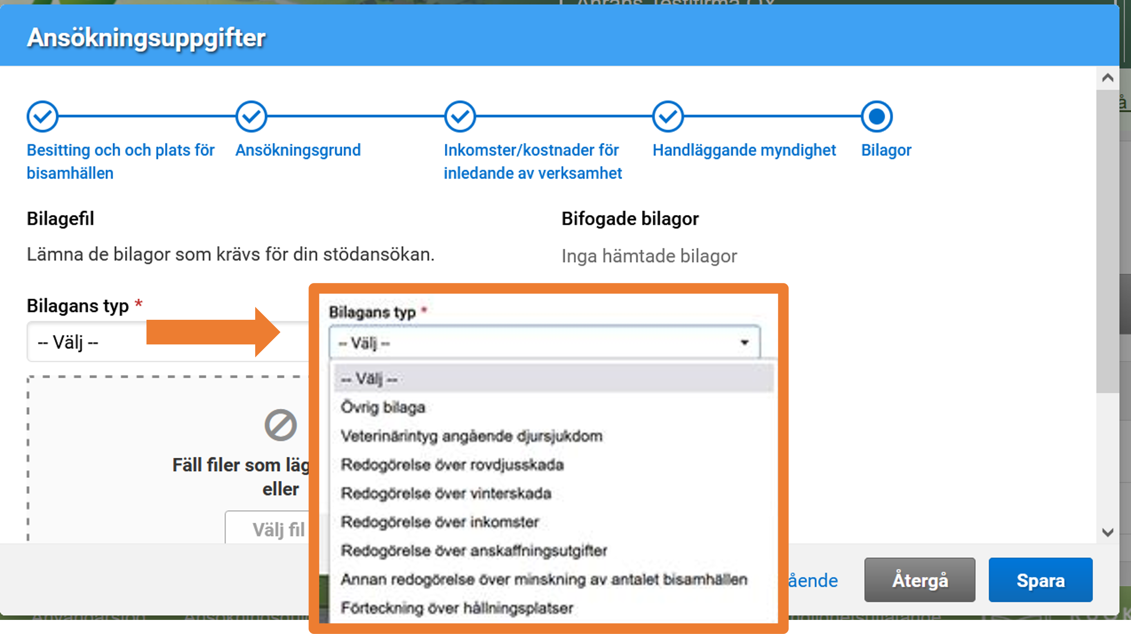Skärmdump från Viputjänsten Delen för bilagor.
