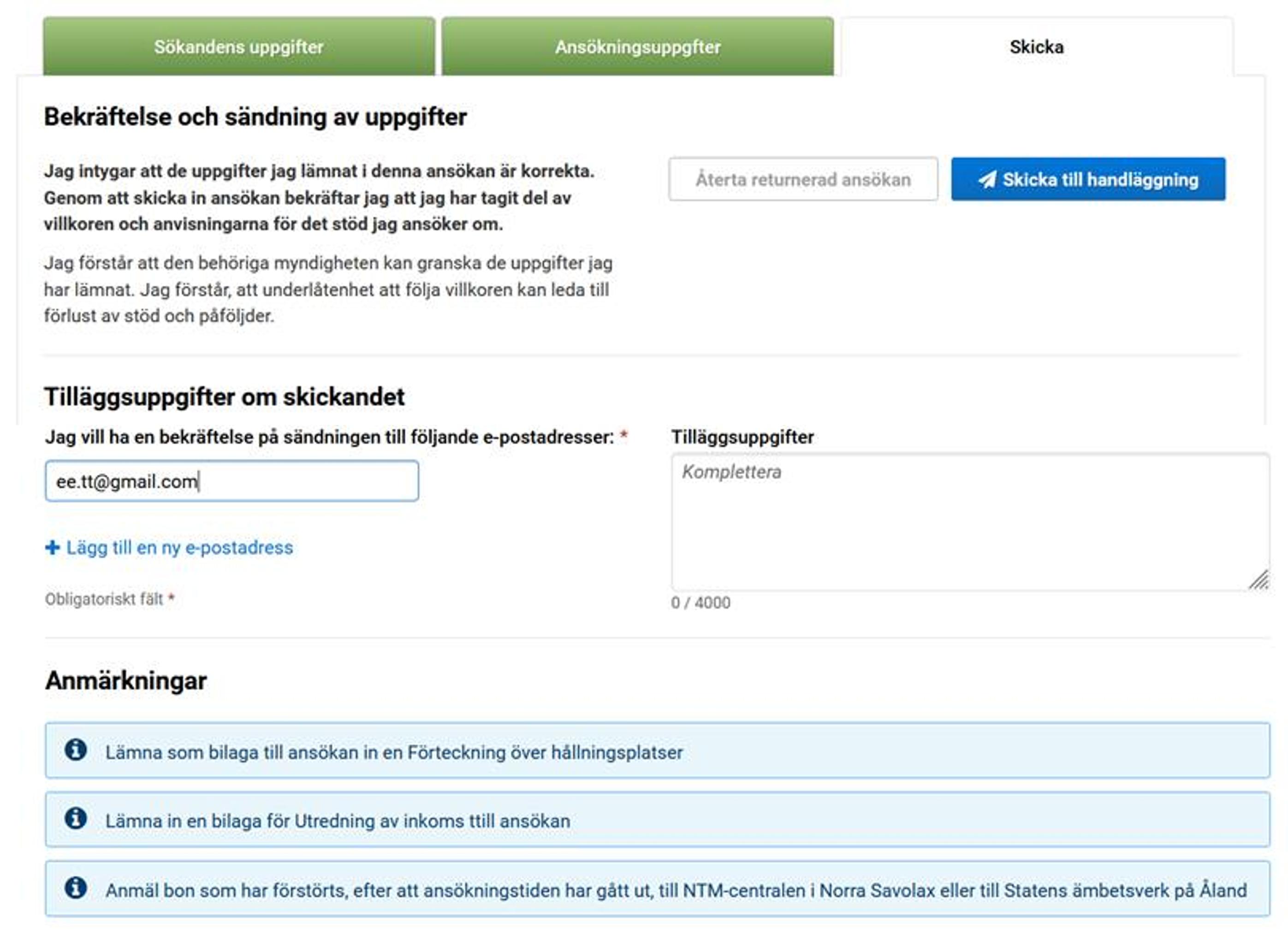 Skärmdump från Viputjänsten Fliken för Sammandrag och skickande.