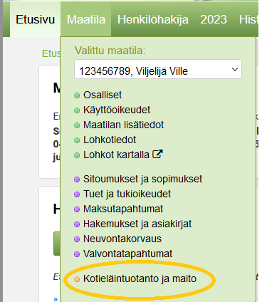 Kuvakaappaus Vipu-palvelusta, Kotieläintuotanto ja maito