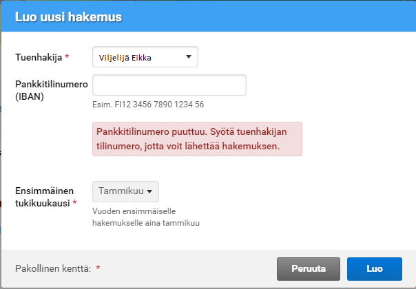 Tuenhakijan tilinumero puuttuu