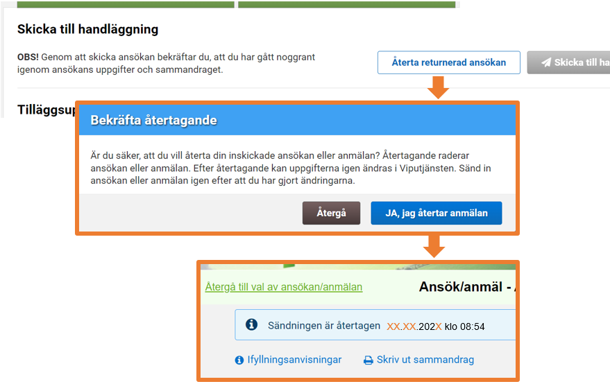Skärmdump från Viputjänsten Återtagande av returnerad ansökan.