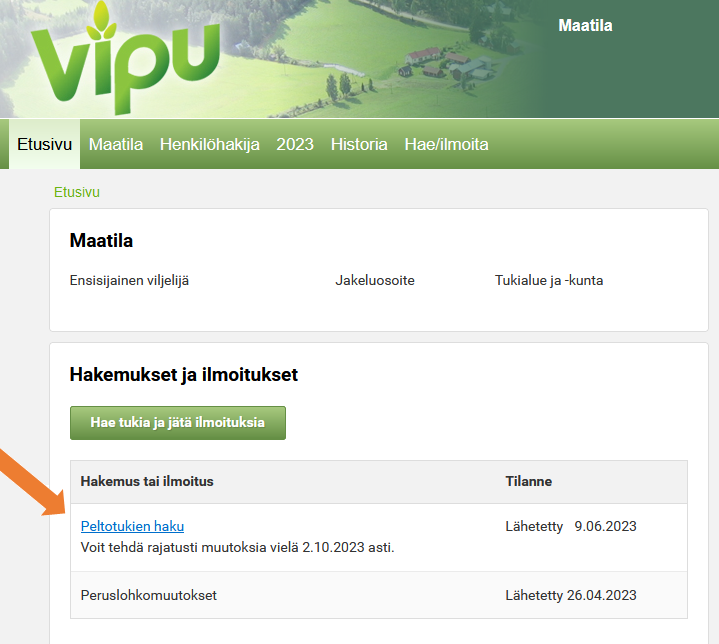 Kuvakaappaus Vipusta,valitse Peltotukien haku -linkki siirtyäksesi tekemään hakemukselle muutoksia.