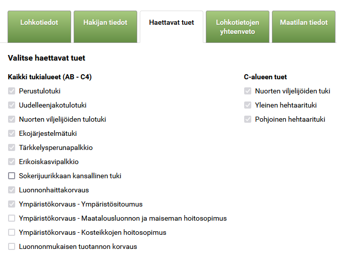 Kuvakaappaus Vipusta, muutosvaiheessa voit lisätä yksivuotisia tukihakurasteja.