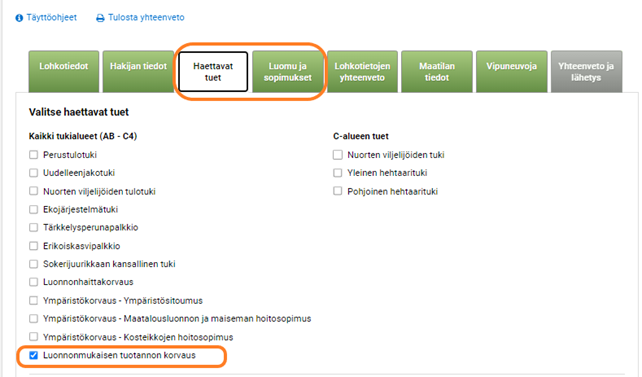 Kuvakaappaus Vipusta, luonnonmukaisen tuotannon korvauksen valinta