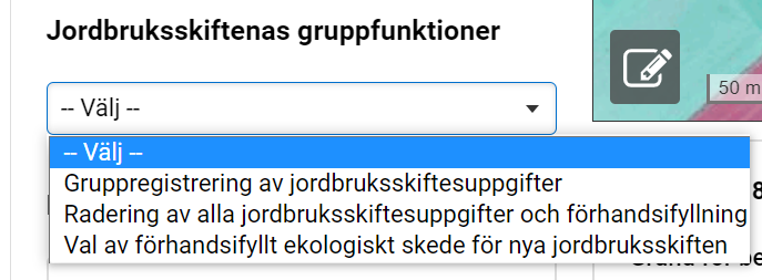 Skärmdump ur Viputjänsten, jordbruksskiftenas gruppfunktioner