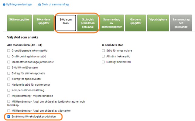 Skärmdump ur Viputjänsten, Val av Ersättning för ekologisk produktion