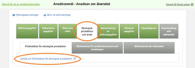 Skärmdump ur Viputjänsten, ekologiska produktion