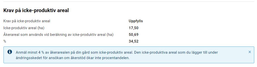 Skärmdump ur Viputjänsten,krav på icke produktiv areal