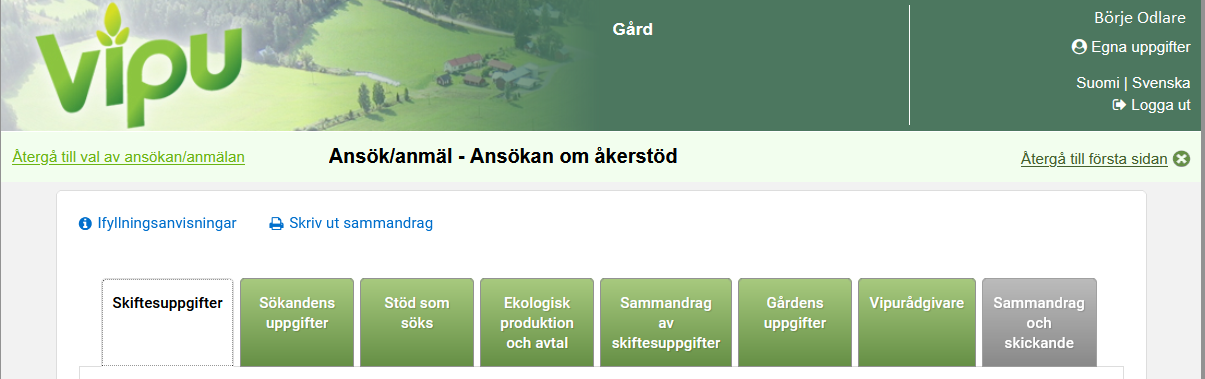 Skärmdump från Viputjänsten Flikarna i ansökan om åkerstöd