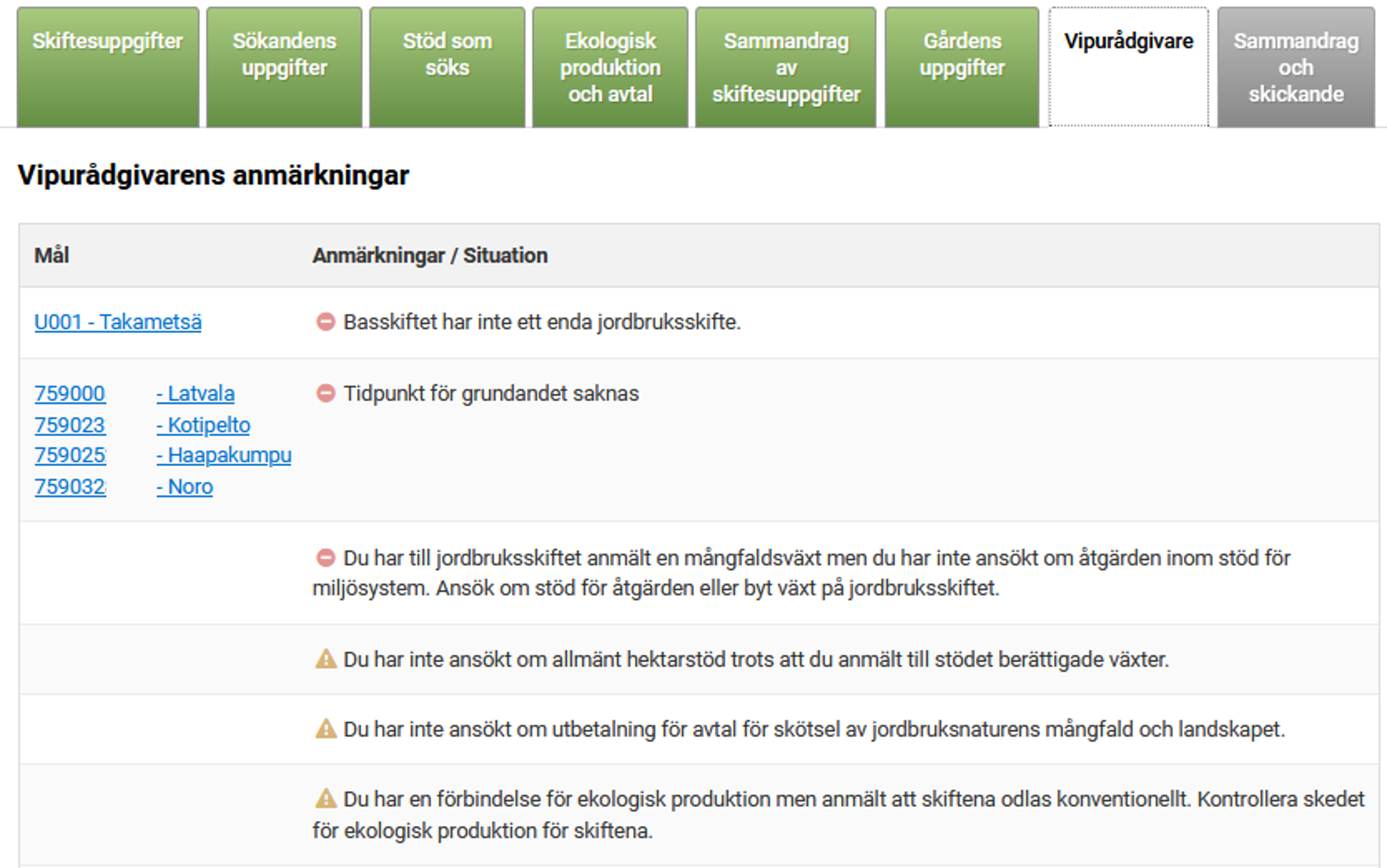 Skärmdump från Viputjänsten, vipurådgivarens anmärkningar