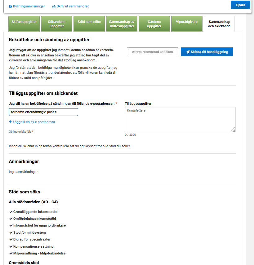 skärmdump från Viputjänsten, sammandrag och skickande