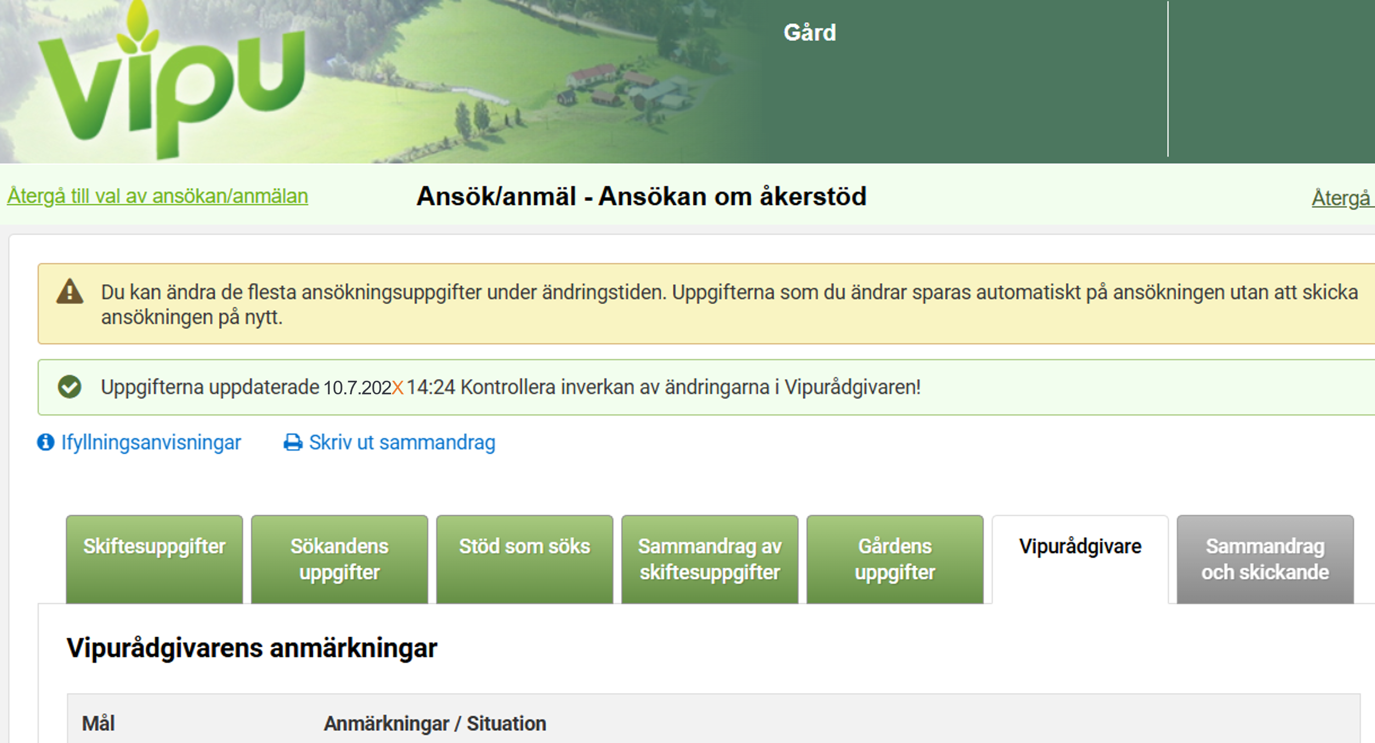 Skärmdump från Viputjänsten, fliken Vipurådgivaren